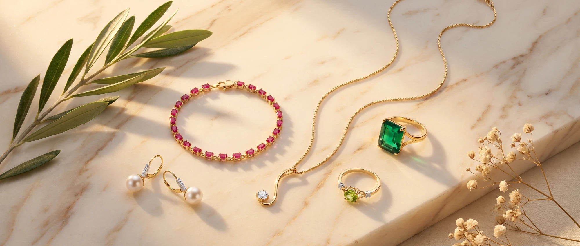 Handcrafted fine solid gold jewelry by Galaxy Gold — ruby tennis bracelet, pearl drop earrings, emerald and peridot rings, and gold box-chain necklaces on marble. Los Angeles, since 1985.
